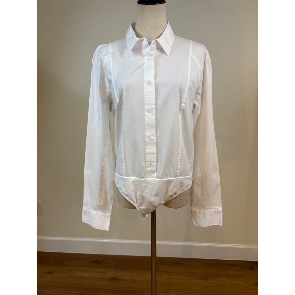 Donna Karan Bodysuit L White Button Down Long Sleeve Collard Minimalist Luxury - Picture 2 of 8